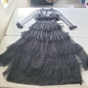 Betsy & Adam Dress Womens 8 Black Tulle Ruffle Sheer Wednesday Gothic Whimsigoth